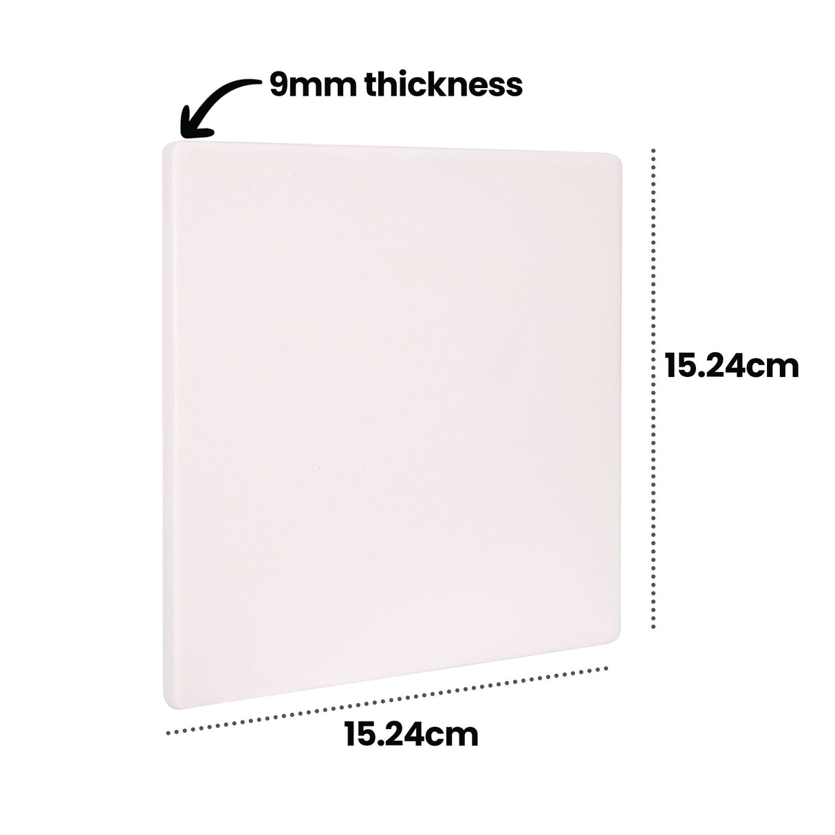 Ceramic Bisque Tile 15.24cm (6") shown at an angle to display its dimensions, annotated "9mm thickness" with an arrow to the edge, and "15.24cm" marking both the height and width. The plain white tile has a smooth surface and gently rounded corners.