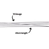 Several strands of silver florist wire laid horizontally and crossing against a white background. A black arrow labelled "19 Gauge" points down to the wire from above, while a second arrow labelled "45cm length" points up to it from below, highlighting the wire's thickness and length.