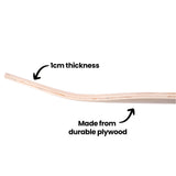 Side view of a skateboard deck showing layered plywood construction. Annotation text reads “1cm thickness” pointing to the edge and “Made from durable plywood” pointing to the board.