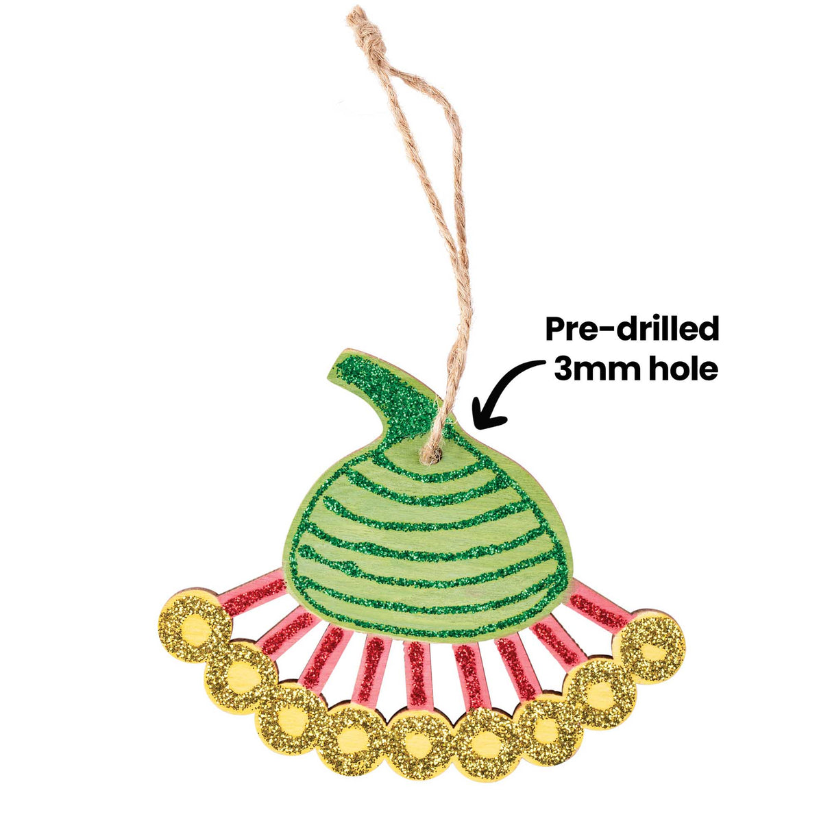 An annotated image of a Zart Wooden Australian Gum Hanger decorated in green glitter with red and gold glittered spokes fanning below, labelled "Pre-drilled 3mm hole" with an arrow pointing to the hanging hole at the stem, shown on jute string.