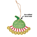 An annotated image of a Zart Wooden Australian Gum Hanger decorated in green glitter with red and gold glittered spokes fanning below, labelled "Pre-drilled 3mm hole" with an arrow pointing to the hanging hole at the stem, shown on jute string.