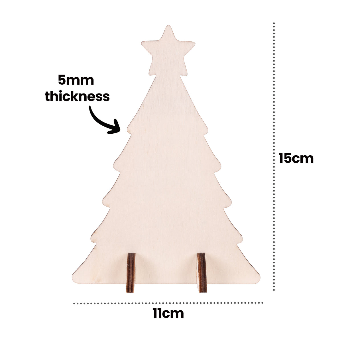 A Zart Wooden Standing Tree cut-out in plain plywood, standing upright on two slotted feet with dotted measurement callouts. Labels read "5mm thickness" with an arrow to the edge, "15cm" down the right side for height, and "11cm" across the base for width. Pale untreated plywood with dark edges.