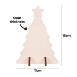 A Zart Wooden Standing Tree cut-out in plain plywood, standing upright on two slotted feet with dotted measurement callouts. Labels read "5mm thickness" with an arrow to the edge, "15cm" down the right side for height, and "11cm" across the base for width. Pale untreated plywood with dark edges.
