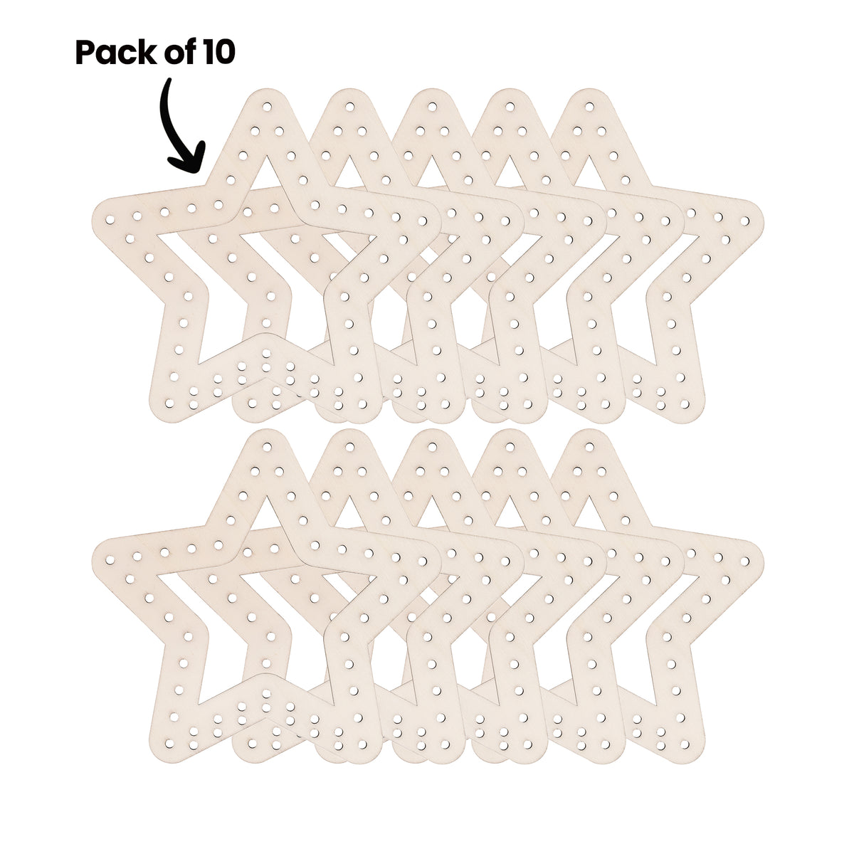 Ten Zart Wooden Weaving Stars shown overlapping in two rows of five, each a pale plywood star with pre-drilled holes around its points. The annotation "Pack of 10" with an arrow points to the top left star in the upper row.
