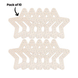 Ten Zart Wooden Weaving Stars shown overlapping in two rows of five, each a pale plywood star with pre-drilled holes around its points. The annotation "Pack of 10" with an arrow points to the top left star in the upper row.