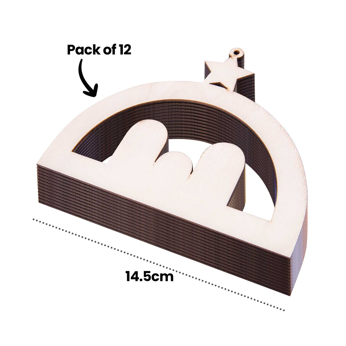 An annotated image of the Zart Wooden Nativity Hanger shown at an angle to display plywood edge thickness, labelled "Pack of 12" with an arrow pointing to the top piece, and "14.5cm" marking the width across a stacked bundle of unpainted arched shapes with star toppers.