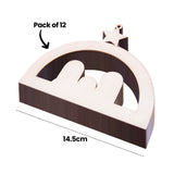 An annotated image of the Zart Wooden Nativity Hanger shown at an angle to display plywood edge thickness, labelled "Pack of 12" with an arrow pointing to the top piece, and "14.5cm" marking the width across a stacked bundle of unpainted arched shapes with star toppers.