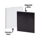 An annotated image of a Zart Canvas Square Magnetic Board shown from both sides, with the textured white canvas front facing left and the smooth black magnetic back facing right. Labelled "Canvas front" and "Magnetic back", highlighting the board's dual-sided function.