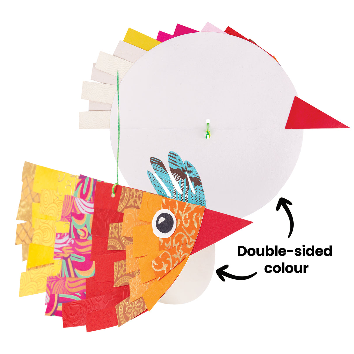 Colourful hanging bird collage with layered patterned paper feathers in yellow, orange, red, pink and gold tones, suspended in front of a large white Cartridge Paper Circle. Black annotation text reading “Double-sided colour” appears beside curved arrows pointing to the front and back surfaces of the circle.