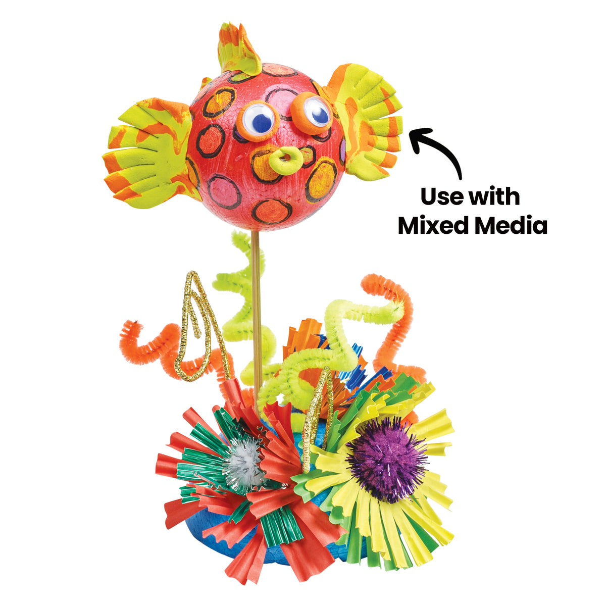A colourful fish sculpture built on a Zart Poly Deco Foam ball, painted red with orange spots and Joggle Eyes, mounted on a stick above a base of crepe paper, pipe cleaners and pom poms. An arrow annotation reads ‘Use with Mixed Media’.