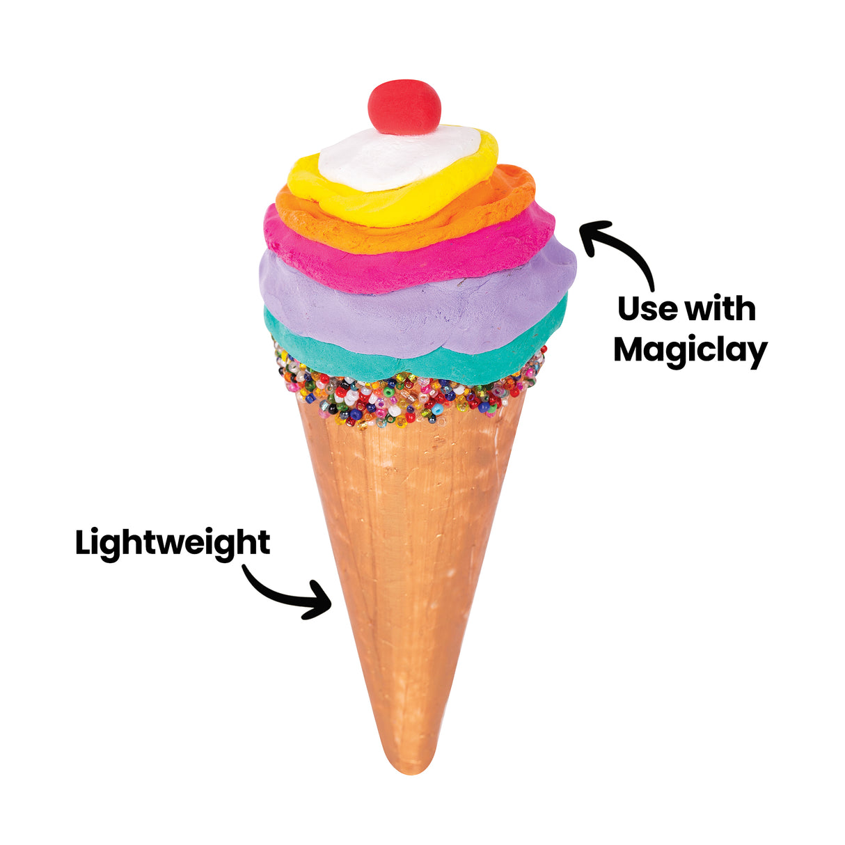 An ice-cream-shaped sample made using Zart Poly Cones, with rainbow clay swirls in white, yellow, orange, pink, purple and teal topped by a red clay cherry, and a beaded rim above the plain cone base. Annotations read "Use with Magiclay" and "Lightweight".