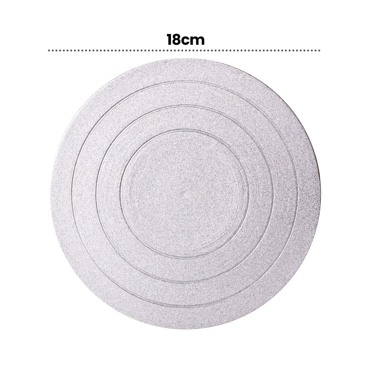 Silver glittery circular pottery turning wheel shown from above, featuring multiple concentric guide rings embossed on the surface. The wheel measures 18cm in diameter, with annotation text "18cm" displayed at the top of the image. The textured metallic finish provides a non-slip surface for clay work and hand-building projects.