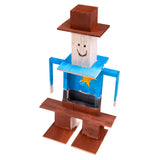 Painted balsa wood sheriff figure constructed from geometric shapes. Natural wood grain is visible beneath bright acrylic colours, including blue torso, brown hat and base, and a yellow star detail. Surfaces show a mix of smooth paint coverage and lightly textured wood edges.