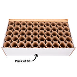 An open cardboard tray filled with neatly arranged papier-mache tubes is shown from above on a pale background. Black annotation text reads “Pack of 50”, highlighting the classroom bulk quantity and uniform cylindrical tube size suitable for group art and construction activities.