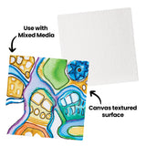 A small square canvas board is shown beside a colourful abstract artwork with bold outlines and bright shapes. Black annotation text reads “Use with Mixed Media” and “Canvas textured surface,” indicating the visible weave and painted finish.
