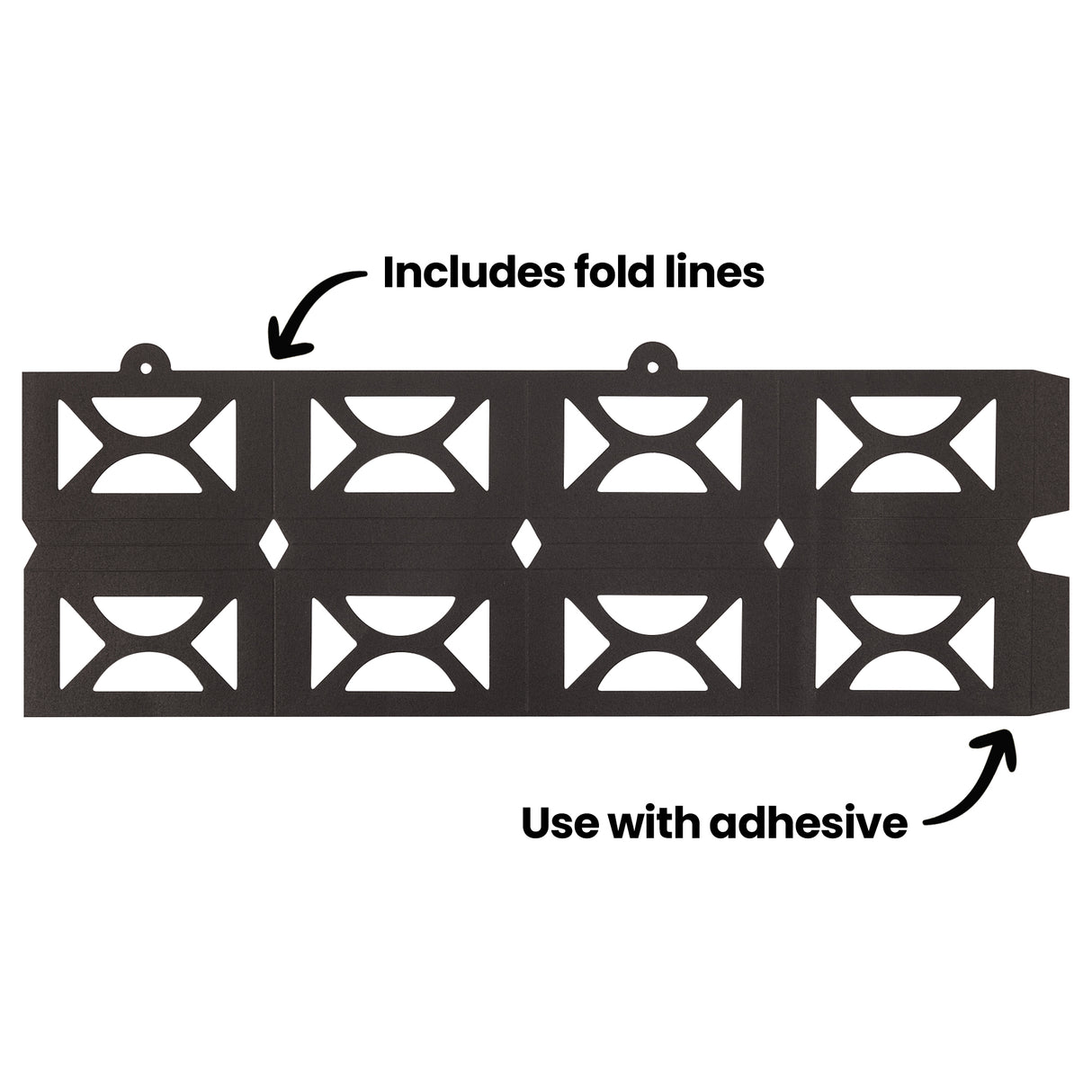 An annotated image of a flat, unfolded black card sheet for the Zart Giant Lantern, showing repeated bowtie-shaped cut-outs across two folded tiers with hanging holes at the top. Labelled "Includes fold lines" and "Use with adhesive".