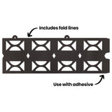 An annotated image of a flat, unfolded black card sheet for the Zart Giant Lantern, showing repeated bowtie-shaped cut-outs across two folded tiers with hanging holes at the top. Labelled "Includes fold lines" and "Use with adhesive".