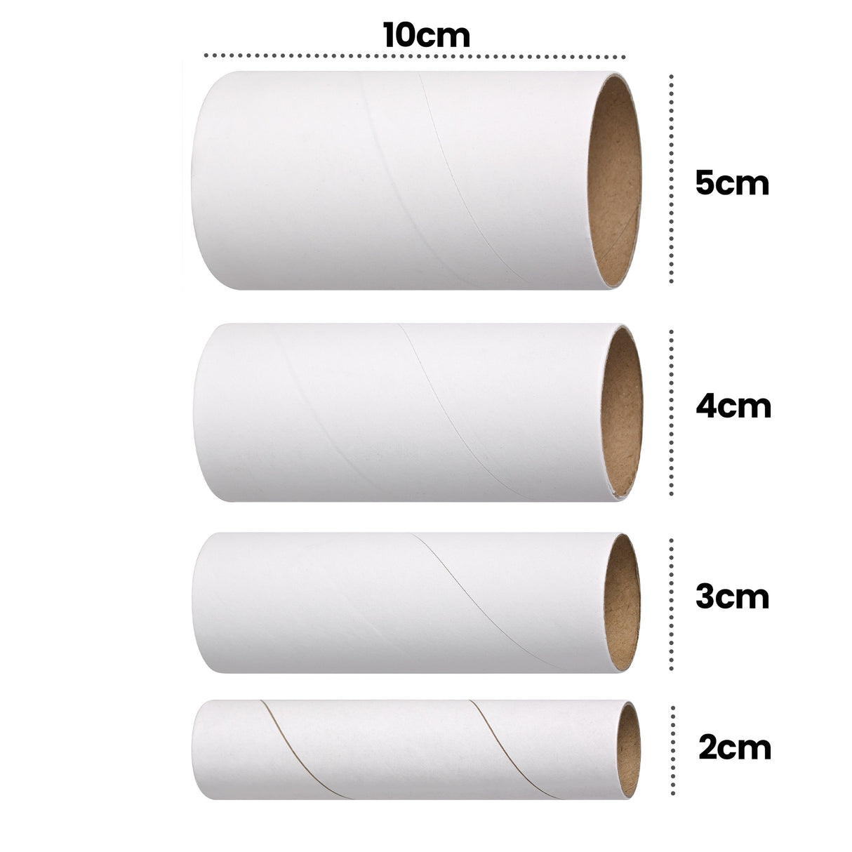 Four white cardboard tubes are displayed vertically against a pale grey background with black measurement annotations. Text reads “10cm” across the top, with tube diameters labelled “5cm”, “4cm”, “3cm” and “2cm”. The tubes feature smooth white exteriors and visible spiral seam lines.