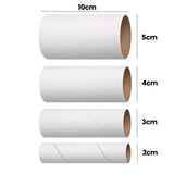 Four white cardboard tubes are displayed vertically against a pale grey background with black measurement annotations. Text reads “10cm” across the top, with tube diameters labelled “5cm”, “4cm”, “3cm” and “2cm”. The tubes feature smooth white exteriors and visible spiral seam lines.