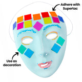 A pale blue face mask decorated with Cardboard Mosaic Squares 2cm Pack of 4000 in orange, red, pink, green, blue and turquoise around the forehead and cheeks. Painted eyebrows, lashes and lips complete the design. Annotated "Adhere with Supertac" and "Use as decoration".