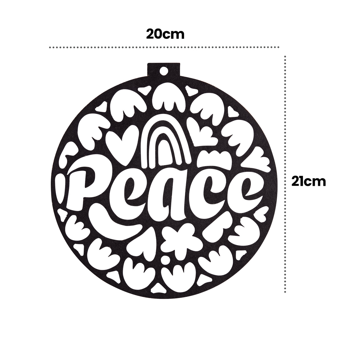 A plain black stencil cut-out from the Zart Stained Glass Wellbeing Baubles range, in a round bauble shape reading "Peace" surrounded by hearts, flowers and a rainbow motif. Dimension labels mark the design at 20cm wide by 21cm high.