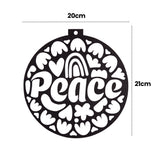 A plain black stencil cut-out from the Zart Stained Glass Wellbeing Baubles range, in a round bauble shape reading "Peace" surrounded by hearts, flowers and a rainbow motif. Dimension labels mark the design at 20cm wide by 21cm high.