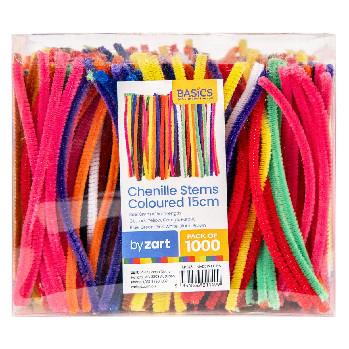 Basics Chenille Stems Coloured 15cm in a clear rectangular box, packed full of assorted fuzzy stems in pink, red, orange, green, purple and yellow. The blue and white "by zart" label shows a colour sample and "Pack of 1000" in an orange corner flash.
