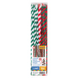 Zart Chenille Stems Christmas Stripe packaging, a clear plastic sleeve showing the red-and-white, green-and-white, and green-and-red striped stems bundled inside. A blue and orange label across the front reads "Chenille Stems Christmas Stripes" and "Pack of 150", with barcode and brand details below.
