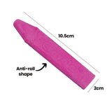 A single bright pink stick of sidewalk chalk shown at an angle against a white background, tapering slightly from a flat base to a rounded tip, its surface matte and powdery. Dotted callouts mark it as "10.5cm" long and "2cm" wide, with an arrow labelled "Anti-roll shape".
