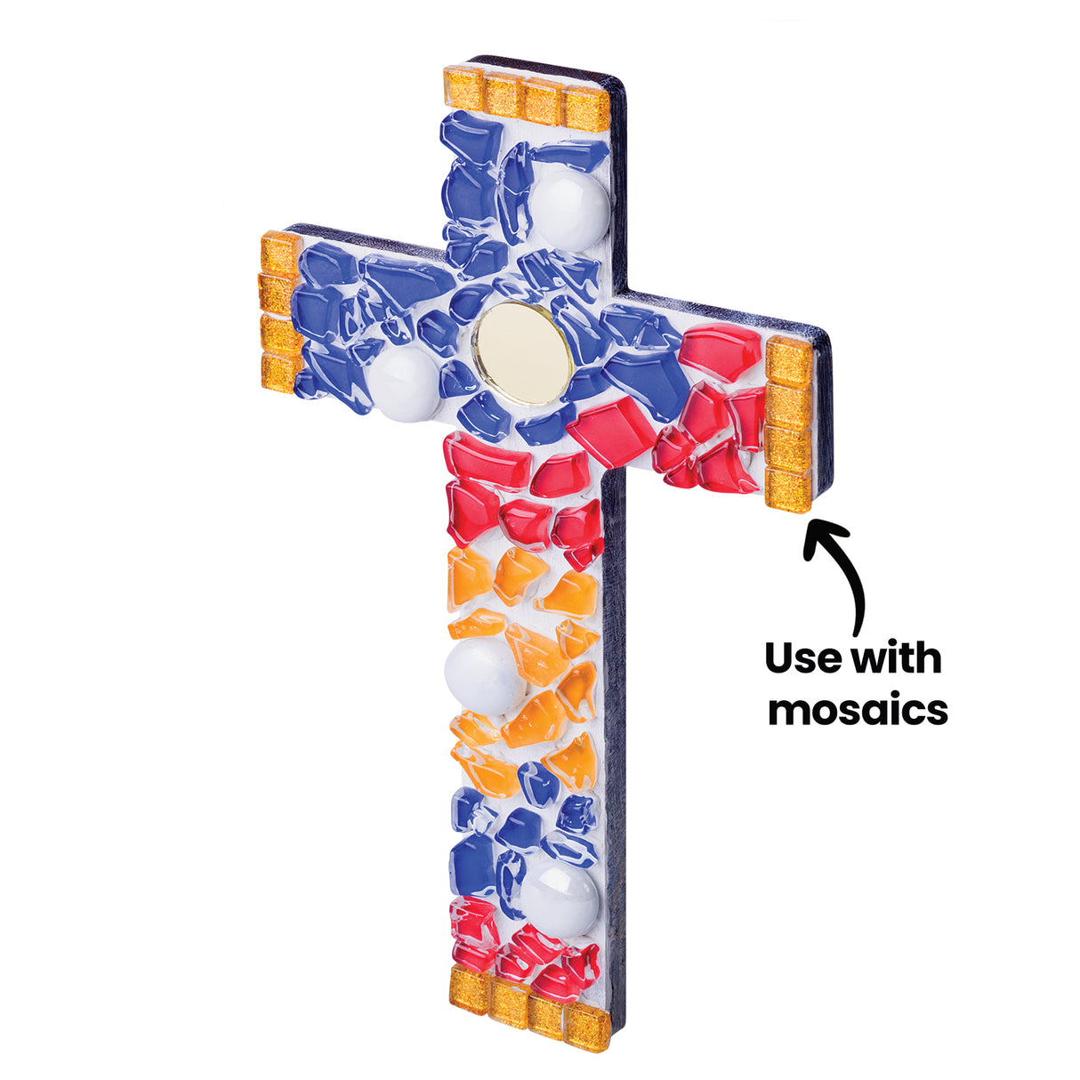 Example of wooden cross decorated with mosaic pieces in red, blue, orange and white, plus mirrors and elements. Edges feature gold tiles. Central text annotation reads "Use with mosaics", indicating intended application. Finished piece shows dimensional texture and playful arrangement suitable for student craft projects.