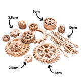 Stacks of Zart Wooden Gears and Cogs Assorted pieces are displayed with black measurement annotations reading “2.5cm”, “3.5cm”, “5cm”, “8cm” and “10cm”. The image highlights the assorted sizes and detailed laser-cut timber designs included in the pack.