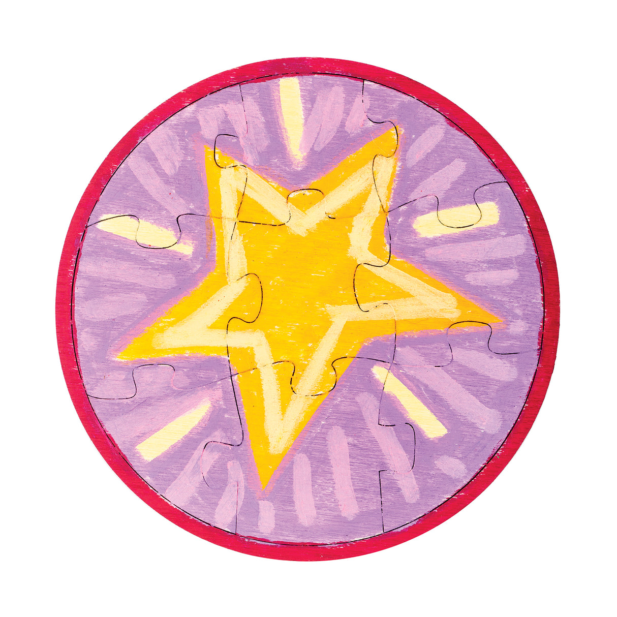 A round jigsaw sample made using a Zart Mini Jigsaw Round puzzle, hand-painted with a bold yellow star radiating light rays in shades of purple and lilac, bordered in bright pink. The puzzle piece outlines are visible across the painted design.