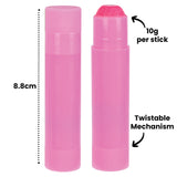 Two Zart Colour Slicks in pink shown upright. One has the cap on and the other reveals the rounded paint stick. Annotation text reads “8.8 cm,” “10 g per stick,” and “Twistable Mechanism.” The sticks have ribbed twist bases for extending the smooth, creamy colour.