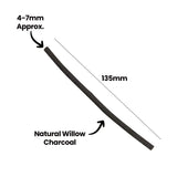 A single natural willow charcoal stick shown diagonally against a white background, slightly curved with an uneven matte surface. Annotations read ‘4-7mm Approx.’ pointing to the thickness, ‘135mm’ marking the length along a dotted line, and ‘Natural Willow Charcoal’ pointing to the stick.