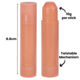 Two Zart Skin Tone Slicks standing upright in a warm beige shade. One stick is capped and the other shows the exposed colour. Annotation reads “8.8cm” beside the sticks, “10g per stick” above the exposed one, and “Twistable Mechanism” with an arrow near the base.
