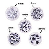 Five round tubs of Zart Joggle Eyes viewed from above, each annotated with its size: 5mm, 8mm, 10mm, 12mm and 20mm. The eyes visibly increase in scale across the tubs, from tightly packed tiny dots to a handful of large eyes filling the 20mm tub.