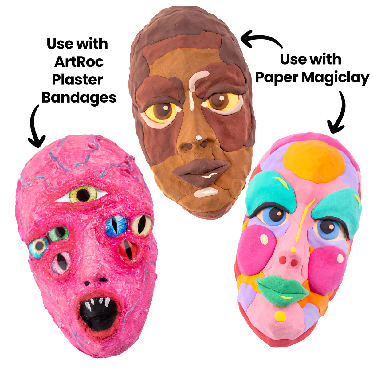 Three decorative face masks created using a female mask mould, displaying different artistic techniques. Use with ArtRoc Plaster Bandages points to a textured pink mask with multiple eyes. The centre mask features earthy brown tones with highlighted features. Use with Paper Magiclay points to a vibrant multi-coloured mask in pink, yellow, turquoise and purple.