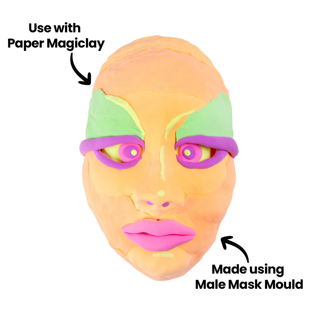 Colourful sculpted male face artwork featuring peachy-orange tones with vibrant pink lips, purple eye detail, and green accents on the forehead. Created using the Male Mask Mould with Paper Magiclay. Annotations read "Use with Paper Magiclay" and "Made using Male Mask Mould" with directional arrows.