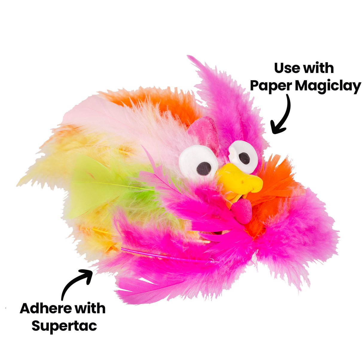 A bird character made from Zart Feathers 60g Coloured Pack of 240 in pink, orange, yellow and lime, with a modelled beak and googly eyes. Annotated "Use with Paper Magiclay" and "Adhere with Supertac", showing the feathers combined with other materials.