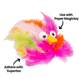A bird character made from Zart Feathers 60g Coloured Pack of 240 in pink, orange, yellow and lime, with a modelled beak and googly eyes. Annotated "Use with Paper Magiclay" and "Adhere with Supertac", showing the feathers combined with other materials.