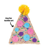 A triangular sample artwork on natural hessian fabric with frayed edges, decorated with pink, blue, and purple felt circles attached across the surface alongside scattered coloured yarn stitches. A large yellow yarn pom-pom sits at the top. An annotation reads "Use for textile art" pointing to the hessian base.