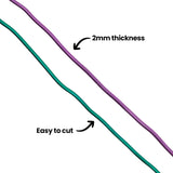 A close-up of two lengths of Craft Coloured Wire — purple and teal — laid diagonally across a white background. Two annotations read "2mm thickness" and "Easy to cut," highlighting the wire's manageable gauge and workability.