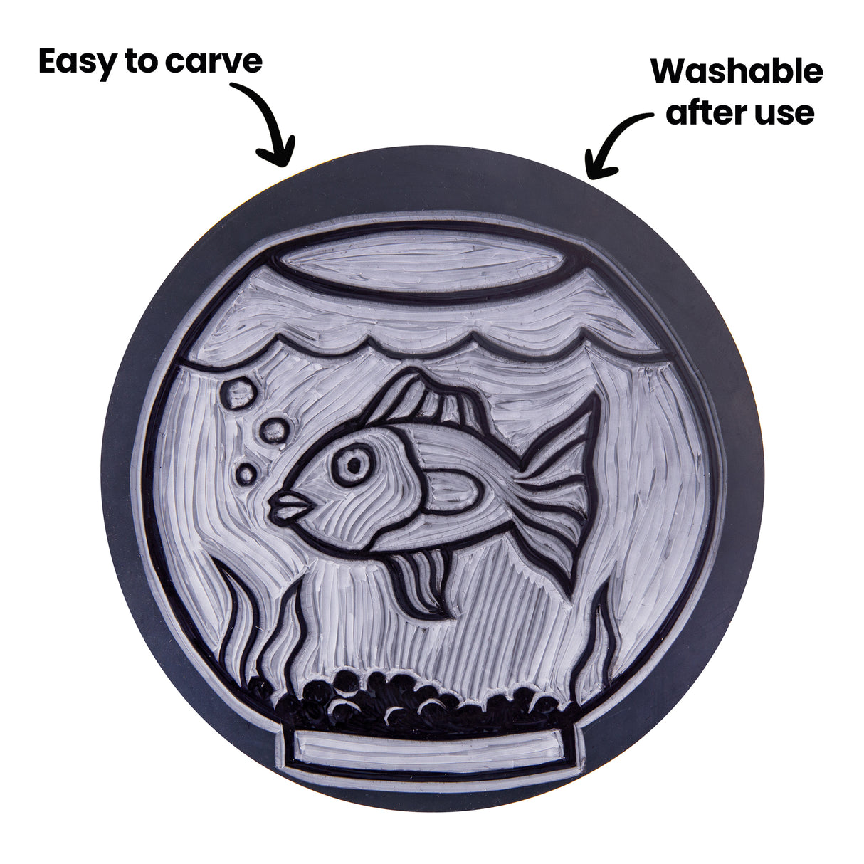 Mastercut Print Lino Round featuring a carved fishbowl design with text and arrows. Annotation reads “Easy to carve” and “Washable after use”, each pointing to the block surface. The carved grooves and raised outlines are clearly visible against the dark grey lino.