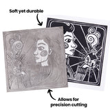 Photograph of a carved Silk Cut Lino Tile beside its corresponding black ink print. Annotated text reads “Soft yet durable” and “Allows for precision cutting,” emphasising the material’s smooth carving surface and detailed line capability.