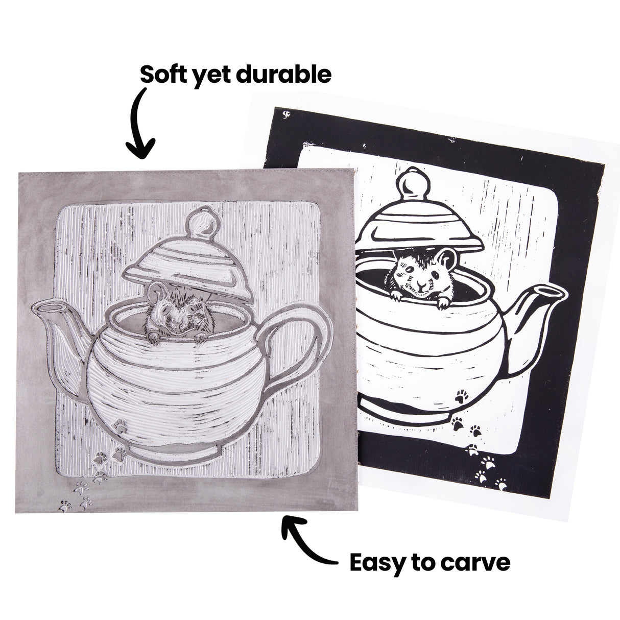 Two images displayed side by side with text reading Soft yet durable and Easy to carve. One shows the carved lino block with visible gouge marks and tonal variation; the other shows the high-contrast black and white printed result.