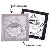 Two images displayed side by side with text reading Soft yet durable and Easy to carve. One shows the carved lino block with visible gouge marks and tonal variation; the other shows the high-contrast black and white printed result.