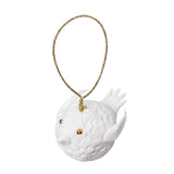 A white clay fish-shaped ornament sculpted from Magiclay Porcelain Clay, featuring textured scales, fanned fins and gold bead eyes, hung from a glittering gold cord. Demonstrates the clay's smooth, porcelain-like surface, fine sculptural detail and suitability for decorative hanging pieces or festive tree ornaments.