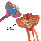 Two painted owl kites made from Tyvek, with fanned wings and streaming tails. The upper kite is pink, green and blue with trailing ribbons; the lower owl is orange, brown and cream with large round eyes and long orange tails. A black arrow reads "Perfect for Kites".