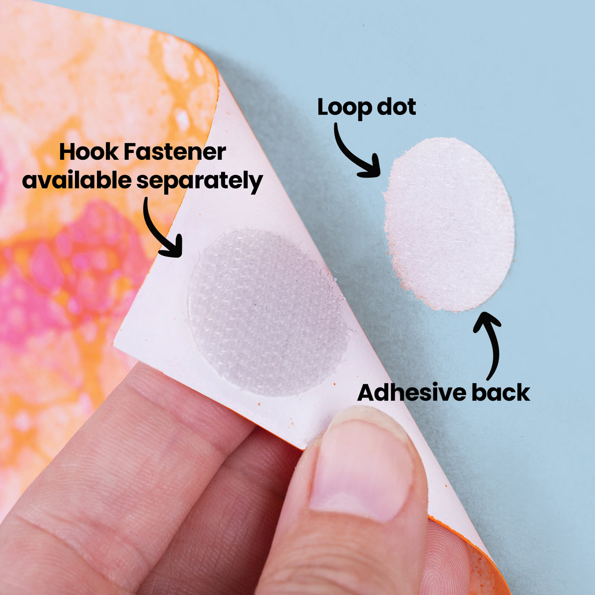 Close-up of a loop fastener dot being peeled and applied to paper, revealing the adhesive backing. Annotation text reads “Hook Fastener available separately”, “Loop dot”, and “Adhesive back”, with arrows identifying each component and surface texture clearly