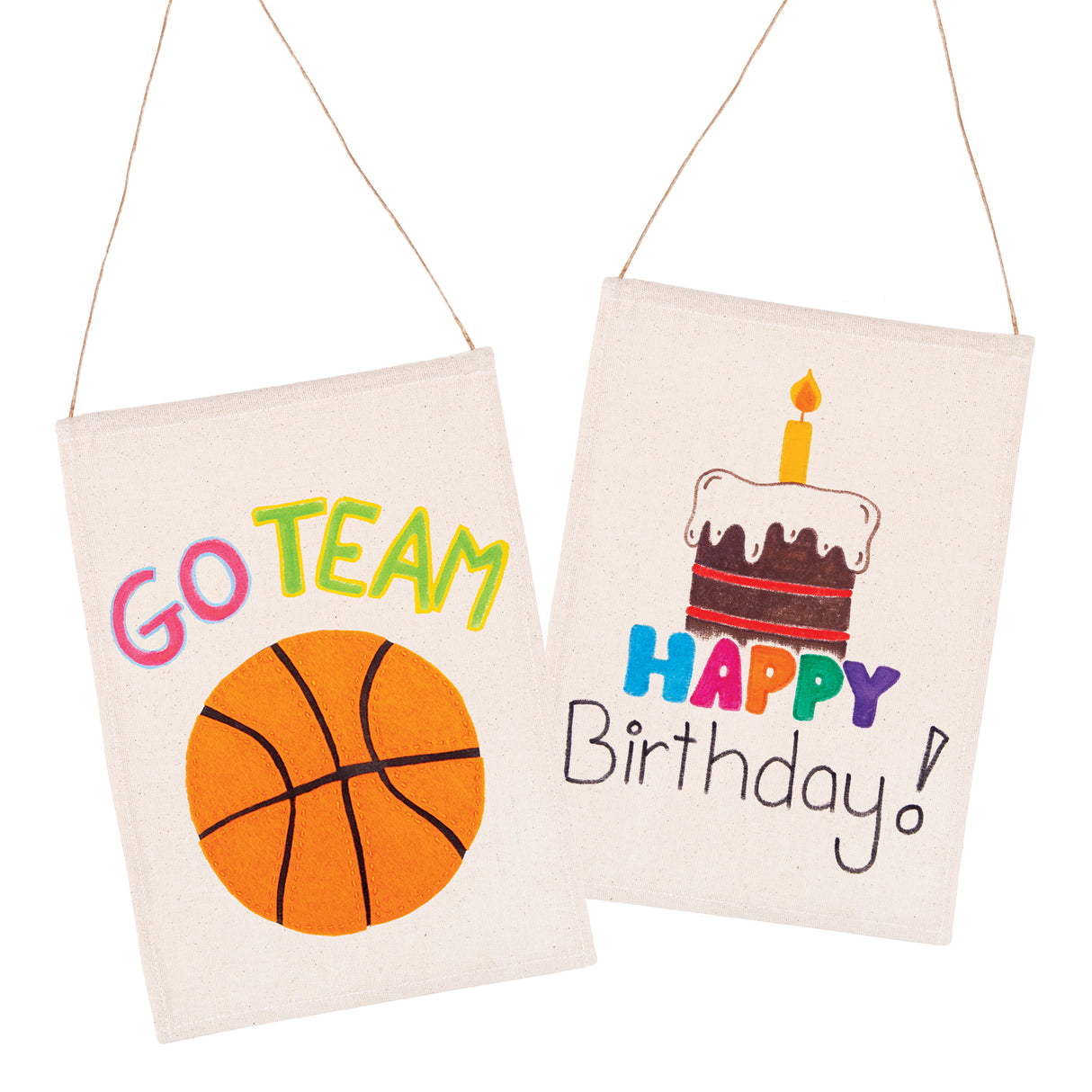 Two decorated Zart Calico Banners shown as sample artworks. The left banner features the text "GO TEAM" in multicoloured lettering above a painted orange basketball. The right banner displays a layered birthday cake with a lit candle, with "HAPPY" in multicoloured block letters and "Birthday!" in black script below.